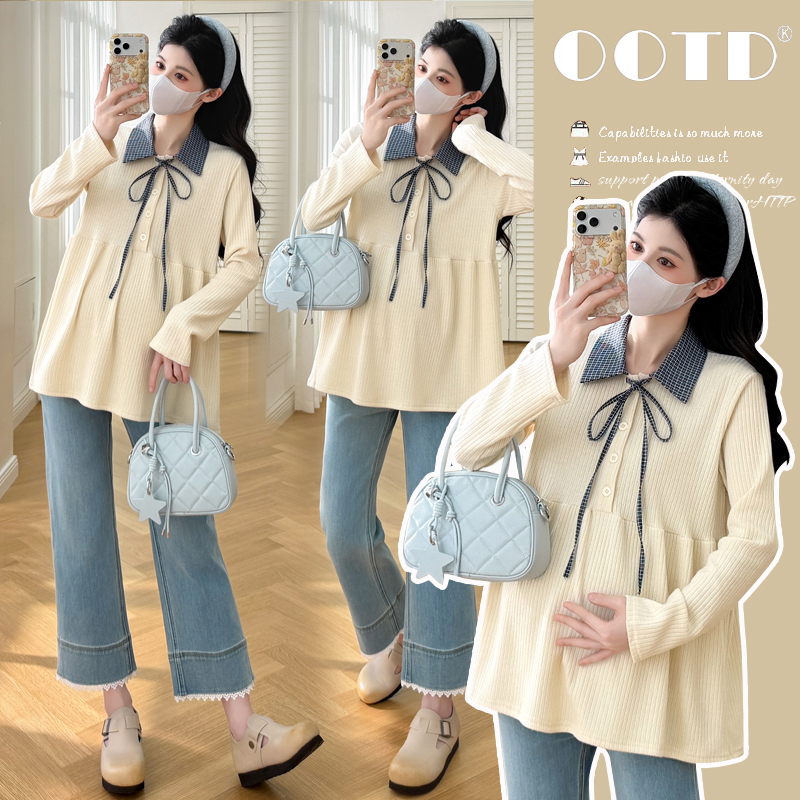 Maternity Wear Autumn Plaid Polo Collar Long-Sleeved Knitwear Fashionable Design Top Autumn Versatile Babydoll Shirt Autumn Maternity Wear Autumn Plaid Polo Collar Long-Sleeved Knitwear Fashionable Design Top Autumn Versatile Babydoll Shirt Autumn