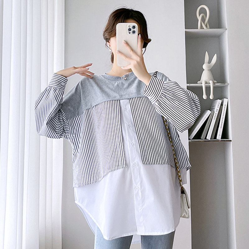 Pregnancy Woman Dress Autumn Clothing Fake two Collider Striped Long Sleeves Blouse Blouse 2023 New Pregnant Woman T-Shirt Spring Autumn Shirt-Taobao