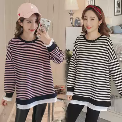 Pregnant women autumn clothing 2021 new fashion Korean version long sleeve striped casual top autumn long version T-shirt pregnancy clothes
