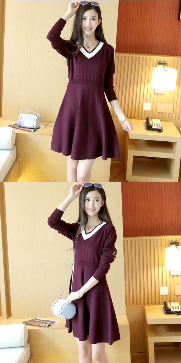 Đầm dệt kim cổ chữ V có năm điểm trong tay Áo đơn giản thời trang mùa xuân đa năng Eo thon dài dài Một phần váy váy xòe hoa nhí