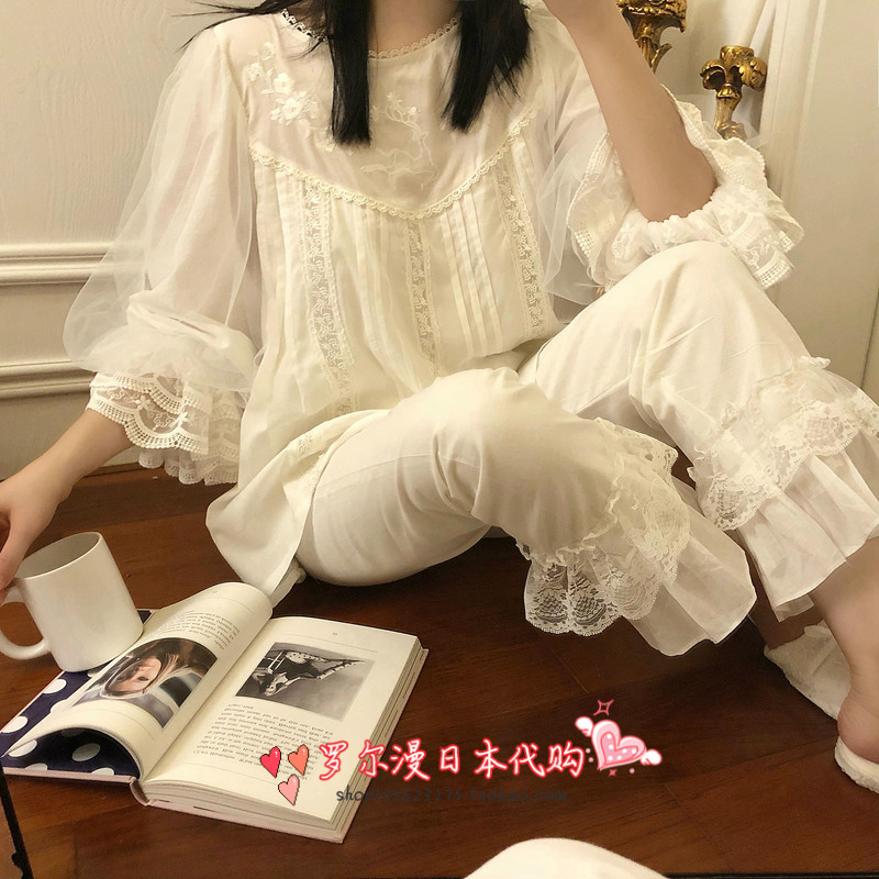 soft honey long sleeve cotton pajamas female Spring and autumn Princess Winter Lace Household suit
