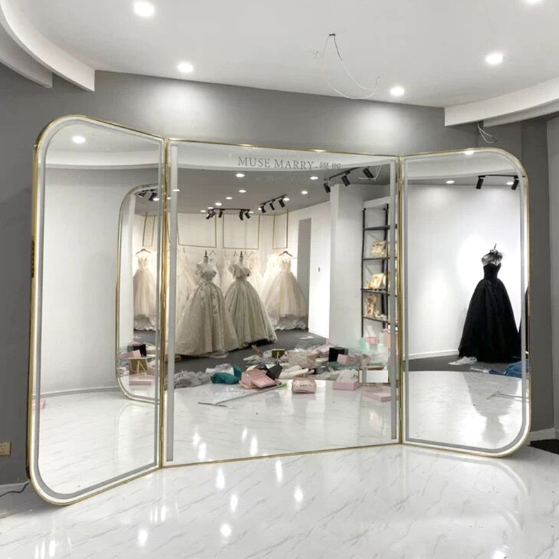 Stainless steel three sides folded fitting mirror wedding dress Wedding Dress Shop Mirror Floor Mirror Beauty and large body display slim fit wearing mirror-Taobao