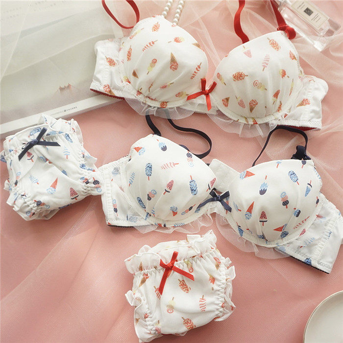 Japanese girls gather bra set ice cream print cute chiffon bra small chest gather underwear panties