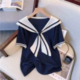 Летняя ретро военно-морская футболка, большой размер, подходит для полных девушек, свободный крой, по фигуре