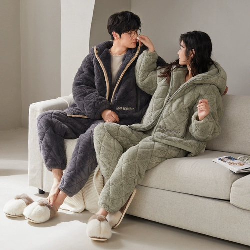 Коралловая бархатная демисезонная стеганая пижама для влюбленных, утепленная толстовка с капюшоном подходит для мужчин и женщин, увеличенная толщина, коллекция 2023