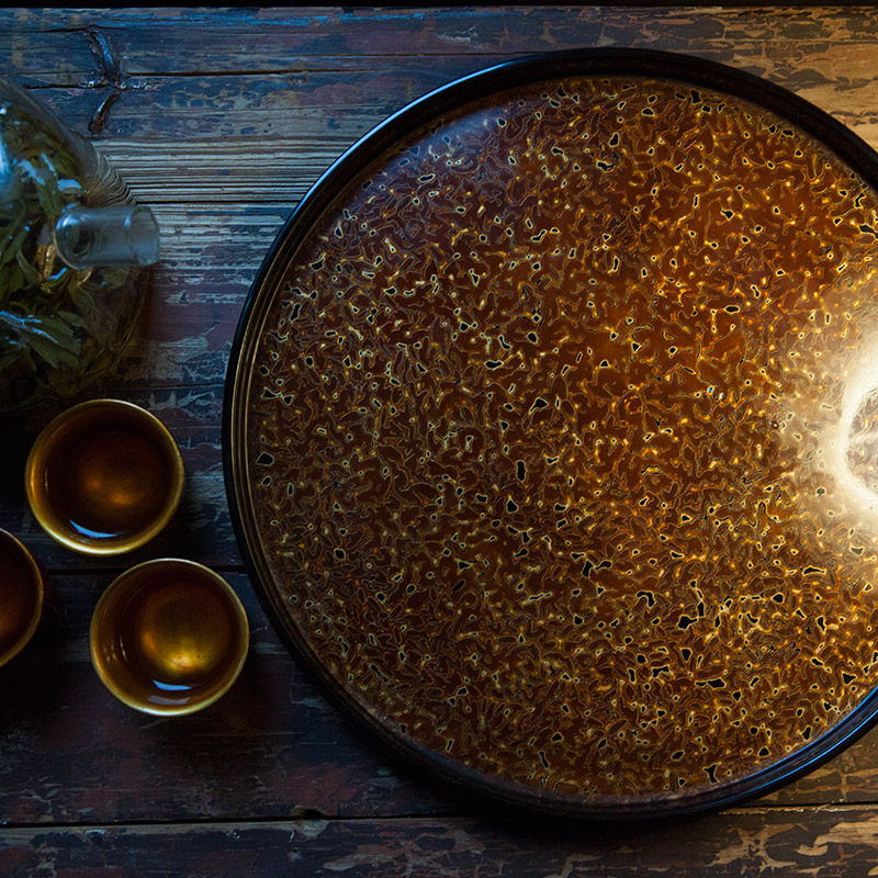 Antaiqiao Fuzhou lacquer push light gold worm disc tea tray
