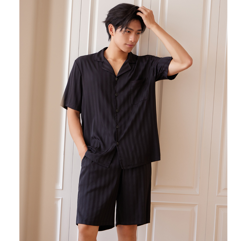 Cooling Missponyo Ccat Striped Jacquard Ice Milk Silk Pajamas for Men, Summer Thin Short-Sleeved Loungewear