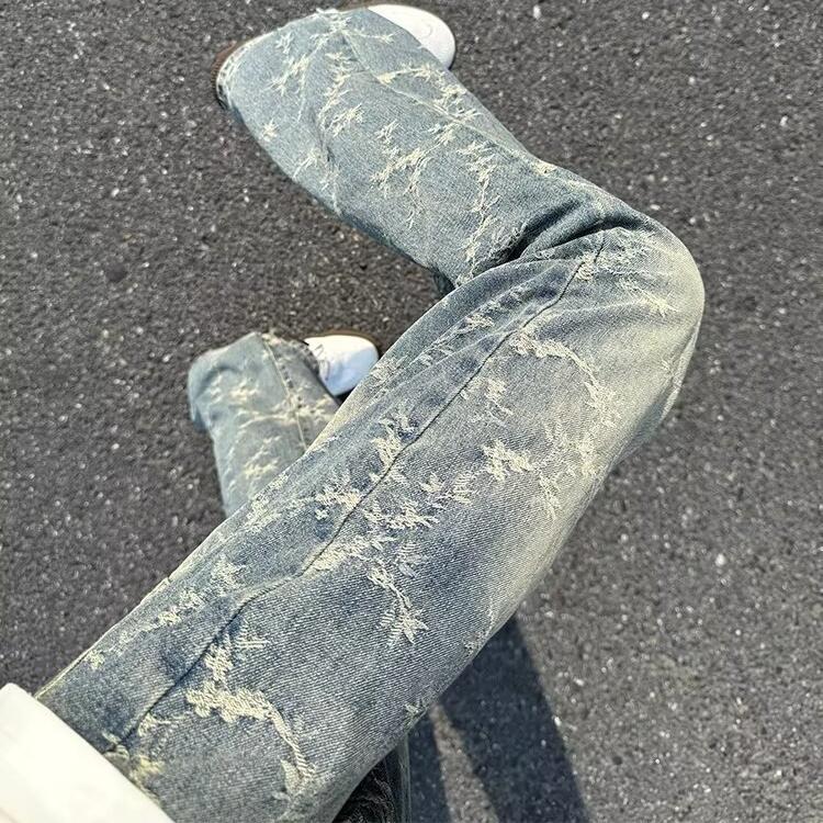 Thorn Jacquard Jeans American High Street Vibe Pants Men's Washed Spring and Autumn New Straight-Leg Slightly Flared Scimitar Pants