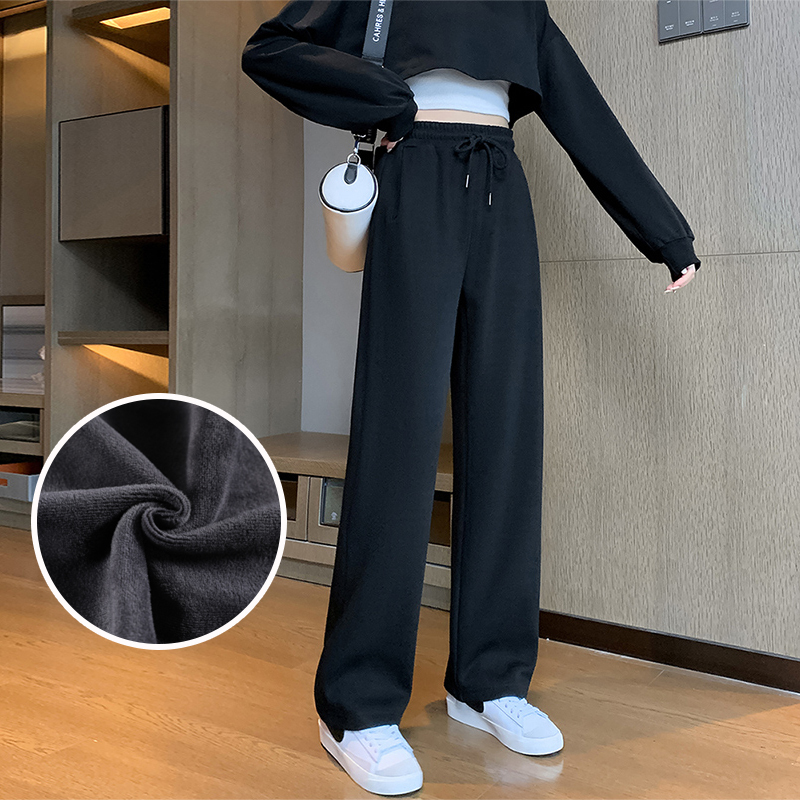 Black Wide-Leg Pants for Women, Autumn and Winter Style, High-Waisted, Drapey, Loose, Casual, Sporty, Fleece-Lined, Straight-Leg Pants, Women's 2026 New Style