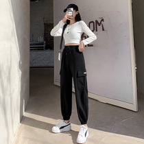 High waist slim overalls womens black Spring and Autumn New loose bunch feet winter plus velvet casual sweatpants women