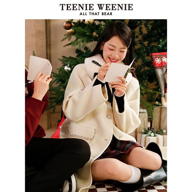 TeenieWeenie Bear Sheep Wool Double-sided Wool Overcoat Mid-length Preppy Style Autumn and Winter Women