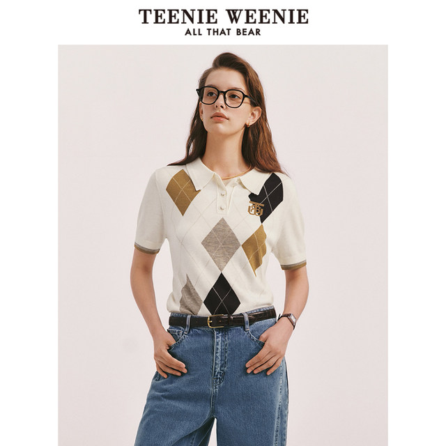 TeenieWeenie Bear spring diamond plaid pullover sweater short-sleeved sweater Polo collar thin sweater for women