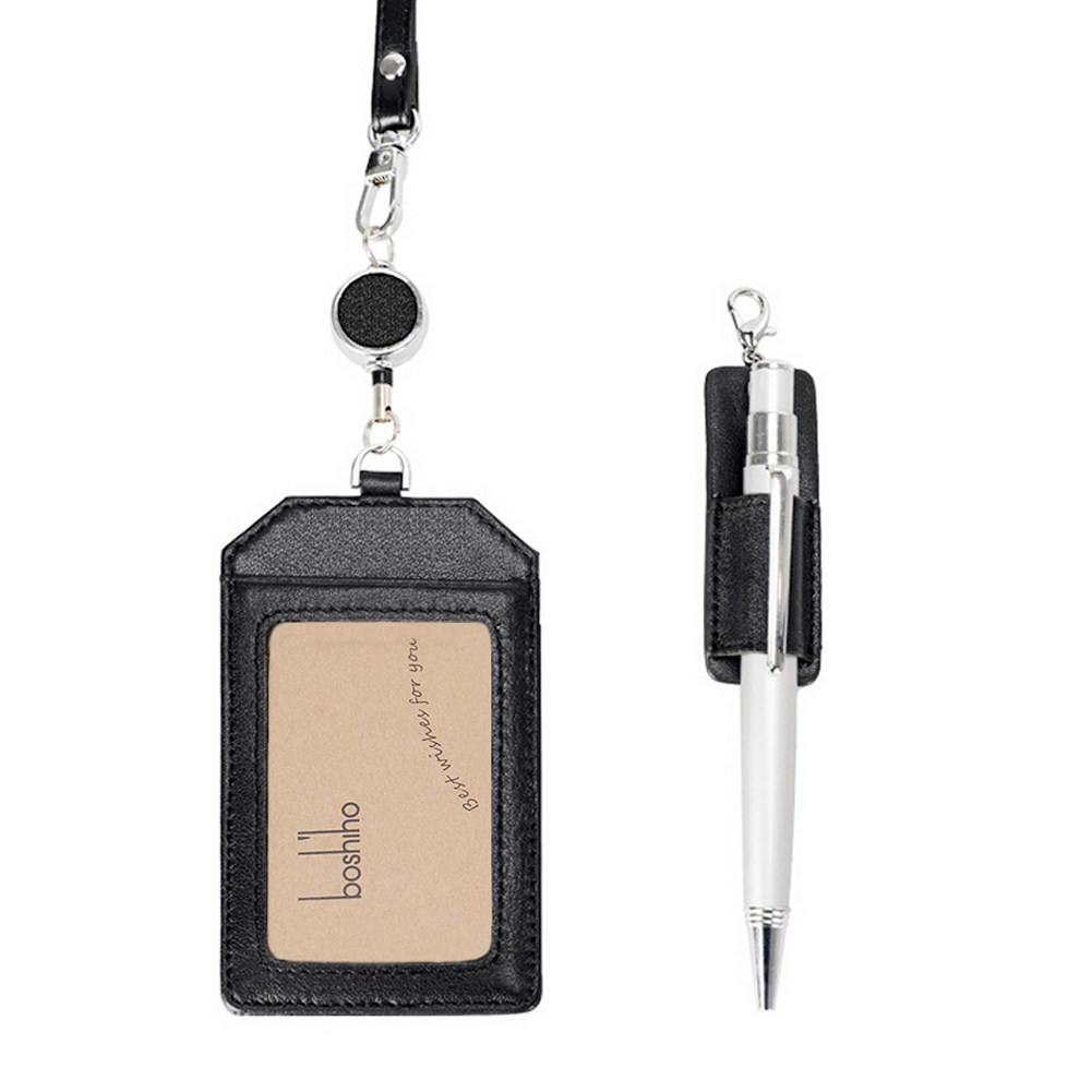 Leather document cover Work card bus Carmen prohibited chuck layer Cowhide card cover telescopic easy pull buckle lanyard can hang pen