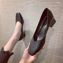 Coarse Heel Single Shoes Lady Spring Subs Soft Bottom Genuine Leather With Fairy Wind Black Square Head Shoes Career Positive Loading Work Shoes