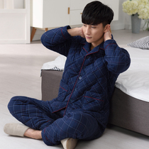 Mens pajamas Autumn and winter cotton thickened cotton three-layer padded jacket Advanced sense of warm winter home clothing suit