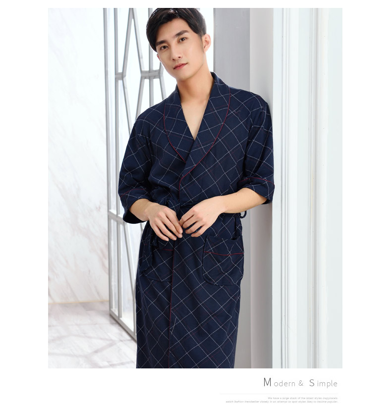 Áo ngủ nam mùa hè ngắn tay áo cotton mùa xuân và mùa thu Áo choàng mỏng kẻ sọc dài Áo choàng tắm Nhật Bản mùa hè Bộ đồ ngủ Xiêm quần áo ngủ