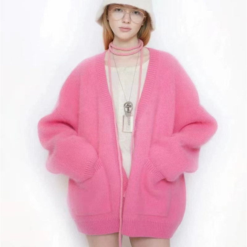 Multi-Color Korean Autumn and Winter New Double-Layer Thickened Mink Velvet Cardigan for Women, Loose Knitted Sweater, V-Neck Lazy Pink Coat Multi-Color Korean Autumn and Winter New Double-Layer Thickened Mink Velvet Cardigan for Women, Loose Knitted Sweater, V-Neck Lazy Pink Coat