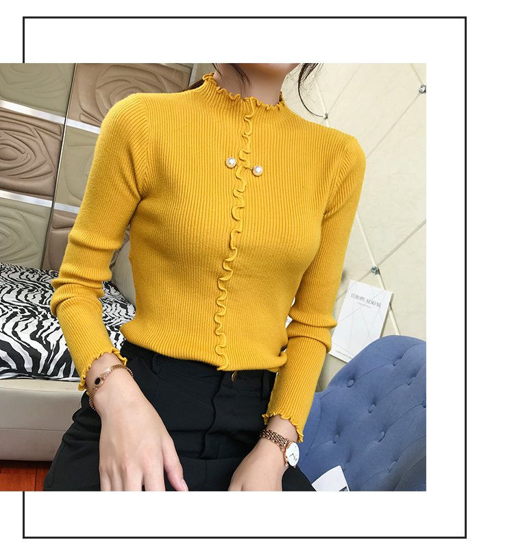 Phiên bản Hàn Quốc của áo len cổ cao đính cườm nửa cổ áo len cổ cao của phụ nữ đặt bên trong áo sơ mi dài tay Slim mặc áo dệt kim chạm đáy áo len cổ lọ