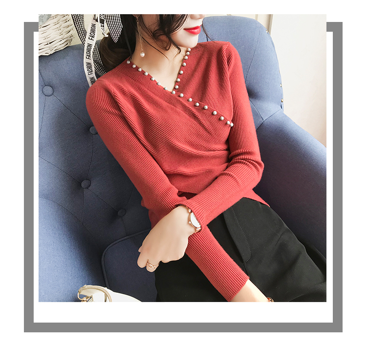 Áo thun cổ chữ V đính cườm ngọt ngào đính cườm ngọt ngào ngắn trước mùa thu và áo len mỏng tay dài bên ngoài. áo thun nữ