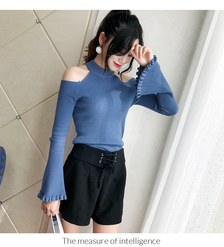 Mùa thu đông mới màu rắn cổ tròn treo cổ quây sừng áo len dài tay nữ Slim áo len học sinh mỏng áo gile hàn