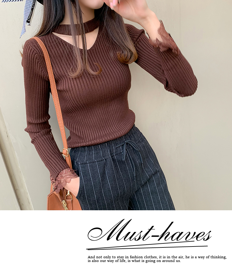 Phiên bản Hàn Quốc mới của cổ áo treo cổ chữ V rỗng cổ áo len ren nữ Áo len mỏng áo thun đáy áo khoác mùa đông áo len trắng
