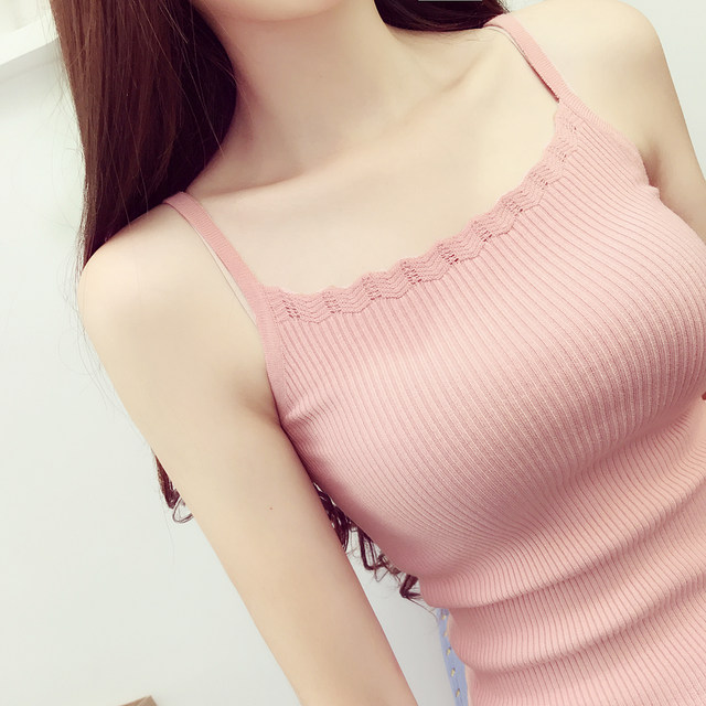 Hong Kong style fresh top retro chic style wavy lace knitted camisole outer wear bottoming top autumn