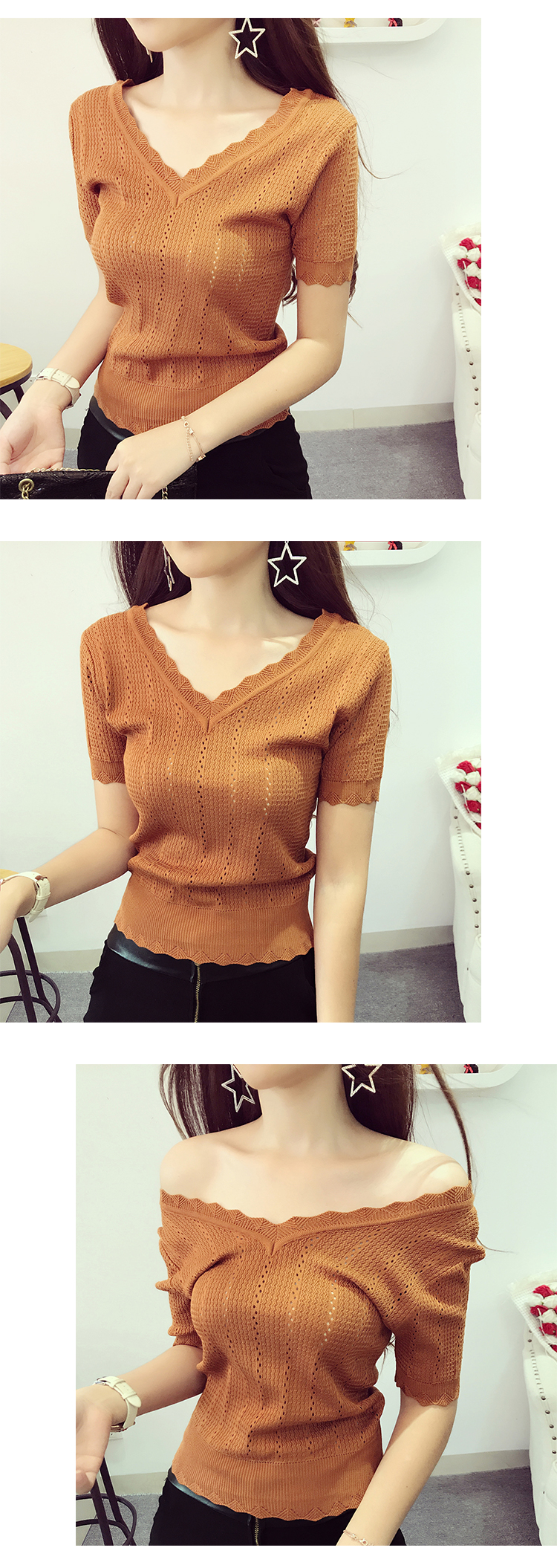 Mùa hè mới retro ren cổ chữ V ngắn áo len ngắn nữ đầu ngắn tay ngắn chạm đáy áo thun thủy triều cách kết hợp áo len cổ tim