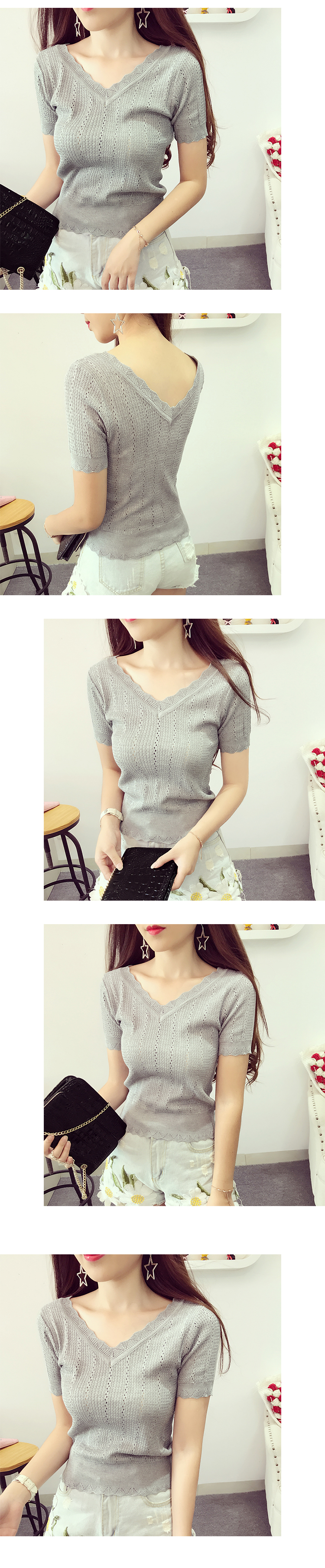 Mùa hè mới retro ren cổ chữ V ngắn áo len ngắn nữ đầu ngắn tay ngắn chạm đáy áo thun thủy triều cách kết hợp áo len cổ tim