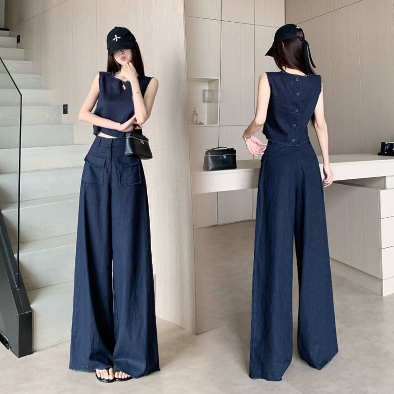 2025 Summer New Fashion Cotton and Linen Suit for Women, High-End and Elegant Sleeveless Vest Top and Wide-Leg Pants Two-Piece Set