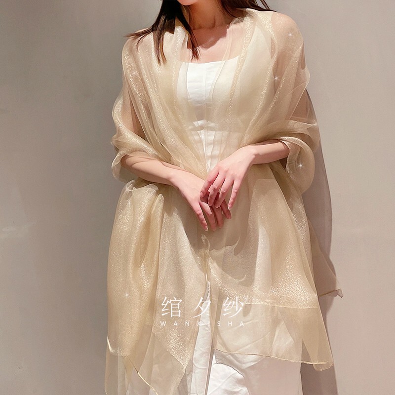 Champagne-Colored Double-Layer Mulberry Silk Scarf, Silk Scarf, Dress, Cheongsam, Shawl, Wedding Long Style, Women's Spring and Summer New Style