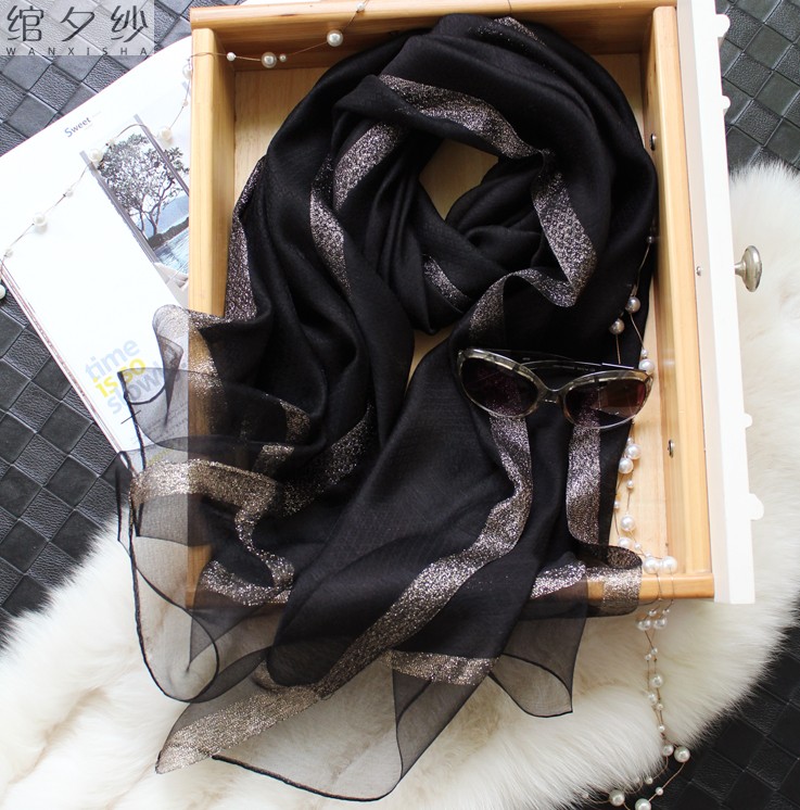 Special Cabinet High-end Black Mulberry Silk Silk Scarves Wool Scarves 100 Hitch Gown Qipao Shawl Lady Spring Summer