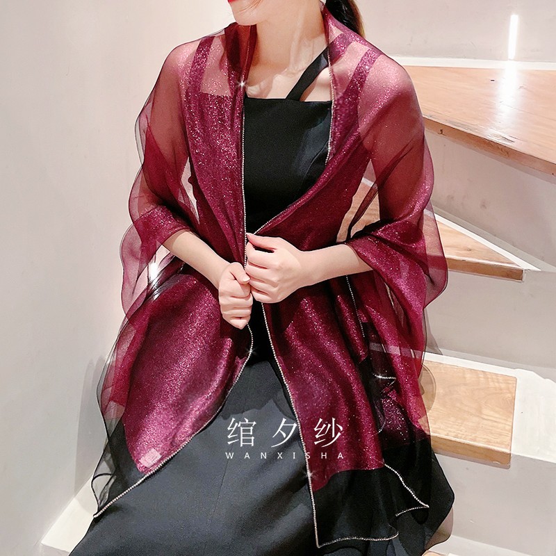Wine Red Double Layer Genuine Silk Scarves Colored Diamond Mulberry Silk Dresses Qipao Shawl Scarves scarves for a long version of spring and summer women's style