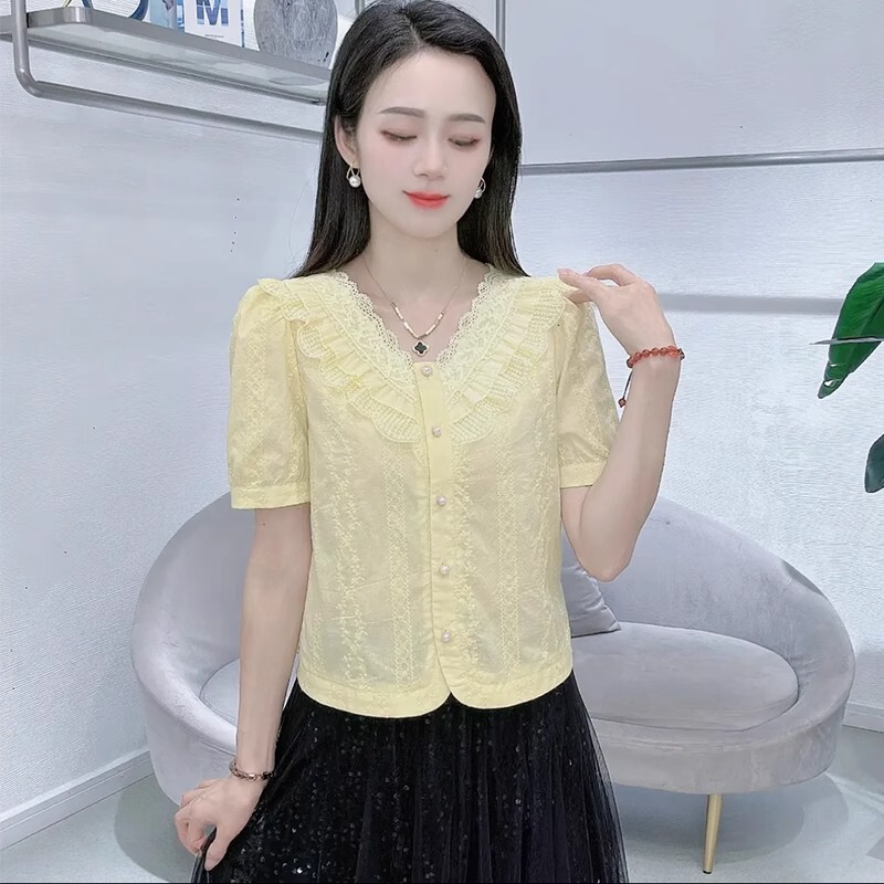 French Style Short-Sleeved Shirt for Women, Versatile Lace Shirt, Summer New Style, Small V Neck Shirt, Short Top French Style Short-Sleeved Shirt for Women, Versatile Lace Shirt, Summer New Style, Small V Neck Shirt, Short Top