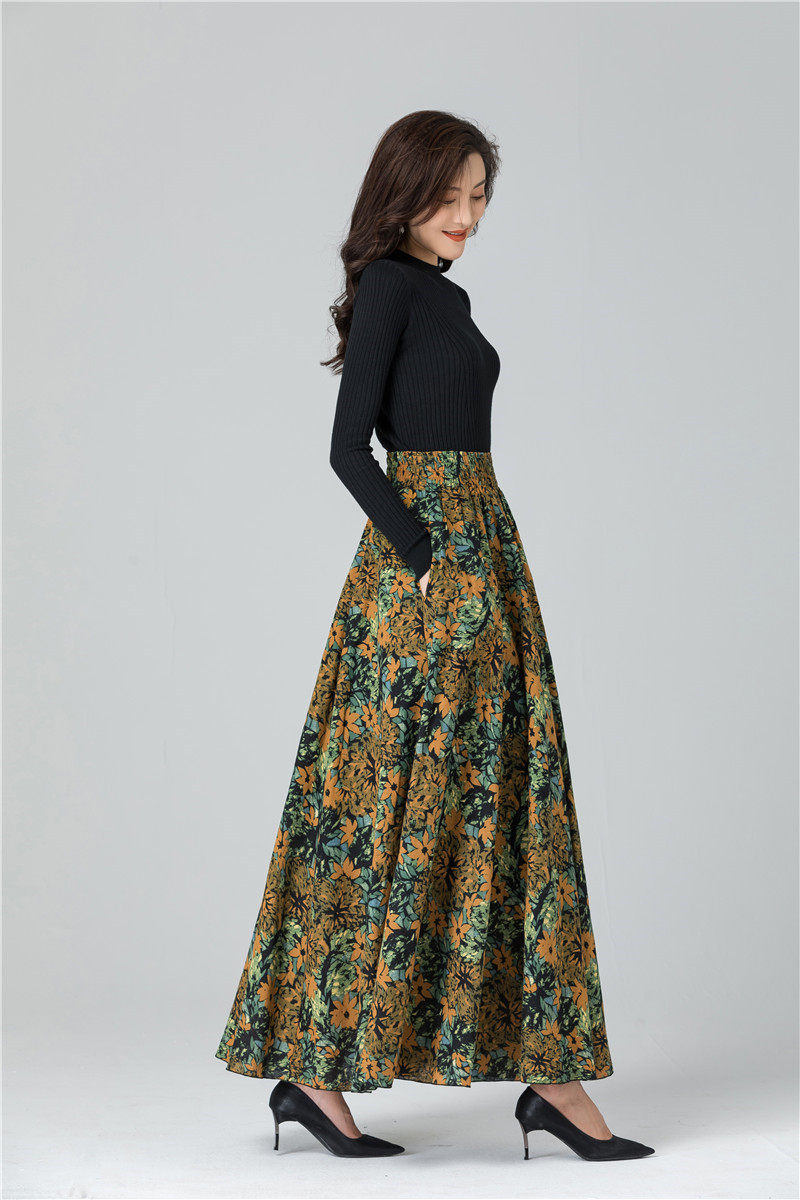 Female Cotton Linen Autumn Vintage Plus Size a-line High Waist National Fashion Big Flower Maxi Ladies Skirts for Womens