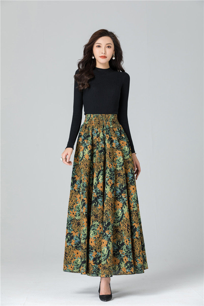 Female Cotton Linen Autumn Vintage Plus Size a-line High Waist National Fashion Big Flower Maxi Ladies Skirts for Womens
