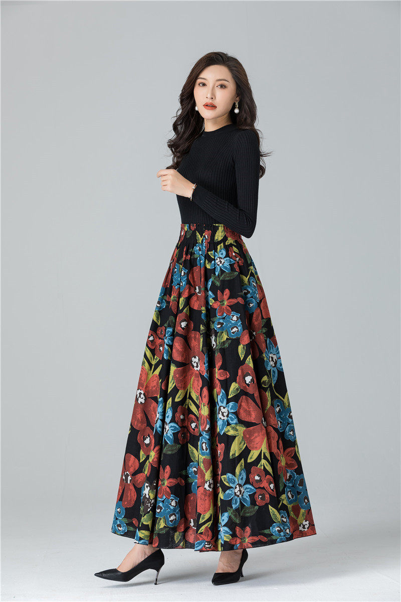 Female Cotton Linen Autumn Vintage Plus Size a-line High Waist National Fashion Big Flower Maxi Ladies Skirts for Womens