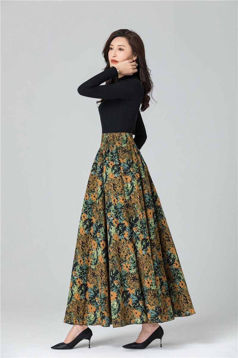 Female Cotton Linen Autumn Vintage Plus Size a-line High Waist National Fashion Big Flower Maxi Ladies Skirts for Womens