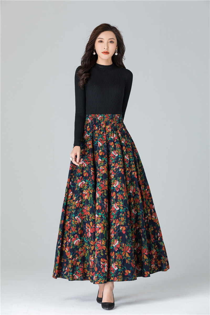 Female Cotton Linen Autumn Vintage Plus Size a-line High Waist National Fashion Big Flower Maxi Ladies Skirts for Womens