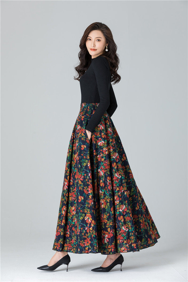 Female Cotton Linen Autumn Vintage Plus Size a-line High Waist National Fashion Big Flower Maxi Ladies Skirts for Womens