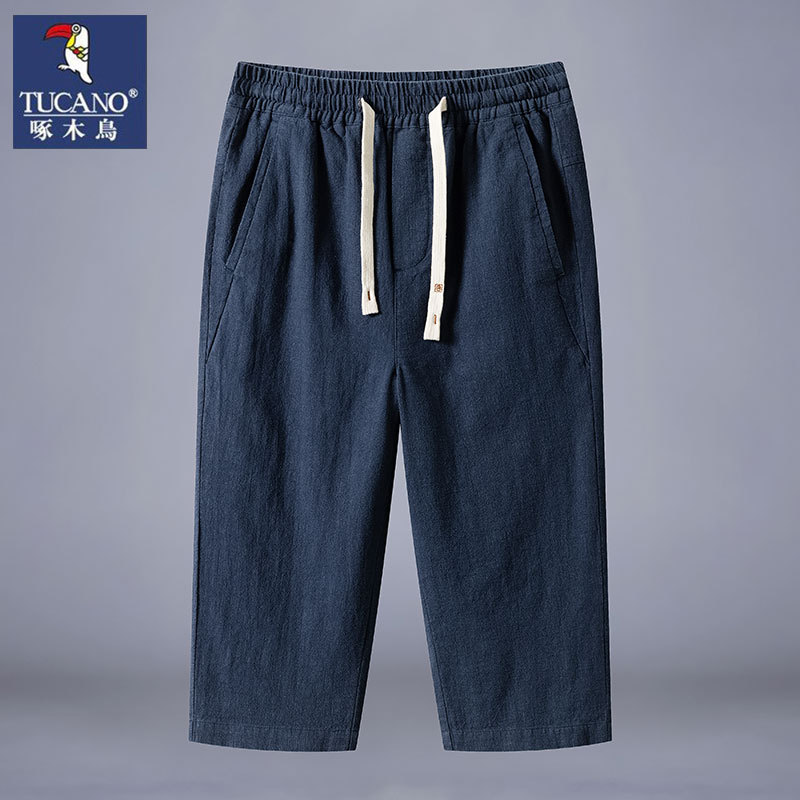 Woodpecker Cotton and Linen Pants for Men, Summer Casual Thin Loose 7/8 Straight Pants, Breathable Linen Cropped Pants