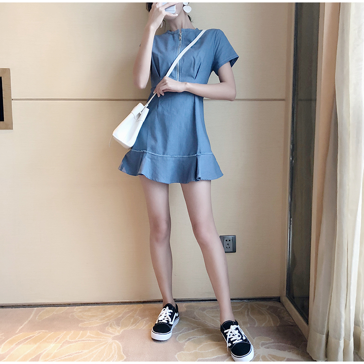 VK旗艦店 韓系荷葉邊裙子氣質純色短袖洋裝