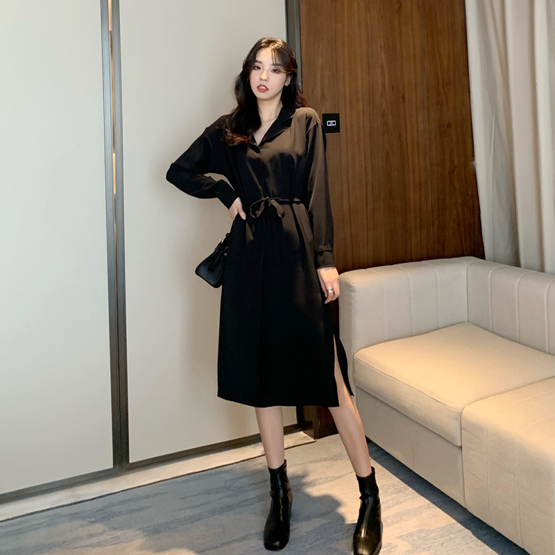 Real shot real price Korean women's dress light mature style French style retro loose long sleeve shirt skirt show thin black skirt dress