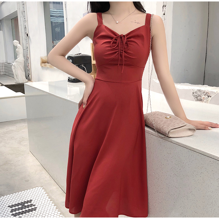 VK旗艦店 韓國風露肩收腰系帶修身性感吊帶無袖洋裝