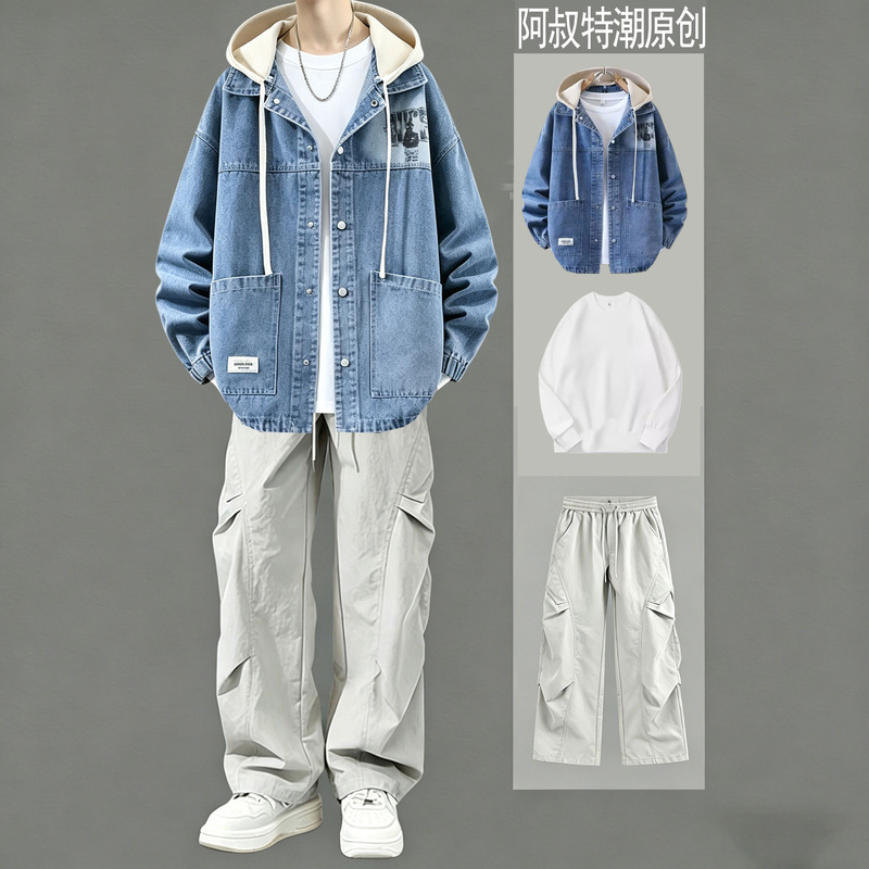 Autumn Denim Suit for Young Men, Hooded Jacket, Casual Straight-Leg Pants, Stylish and Trendy Three-Piece Set for Autumn