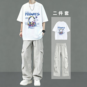 Short-Sleeved T-Shirt Set for Summer, Loose and Casual Two-Piece Set for Middle and High School Boys, Trendy and Height-Enhancing, Suitable for Everyday Wear