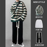 Демисезонный трендовый трикотажный свитер для отдыха, штаны, комплект, свободный прямой крой, 3 предмета