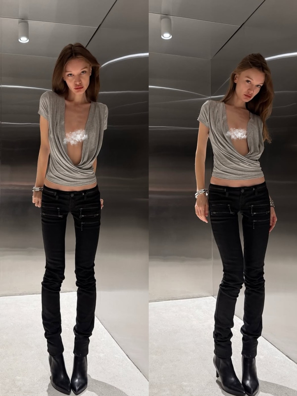 Hedi Style Retro Supermodel Jadedln Black Coated Multi-Zipper Low-Waist Tight Jeans