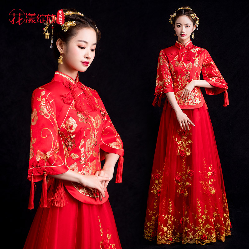 Show and dress The bride 2022 new wedding Chinese style gown retro toast to the ancient dress wedding dresses summer yarn show kimono