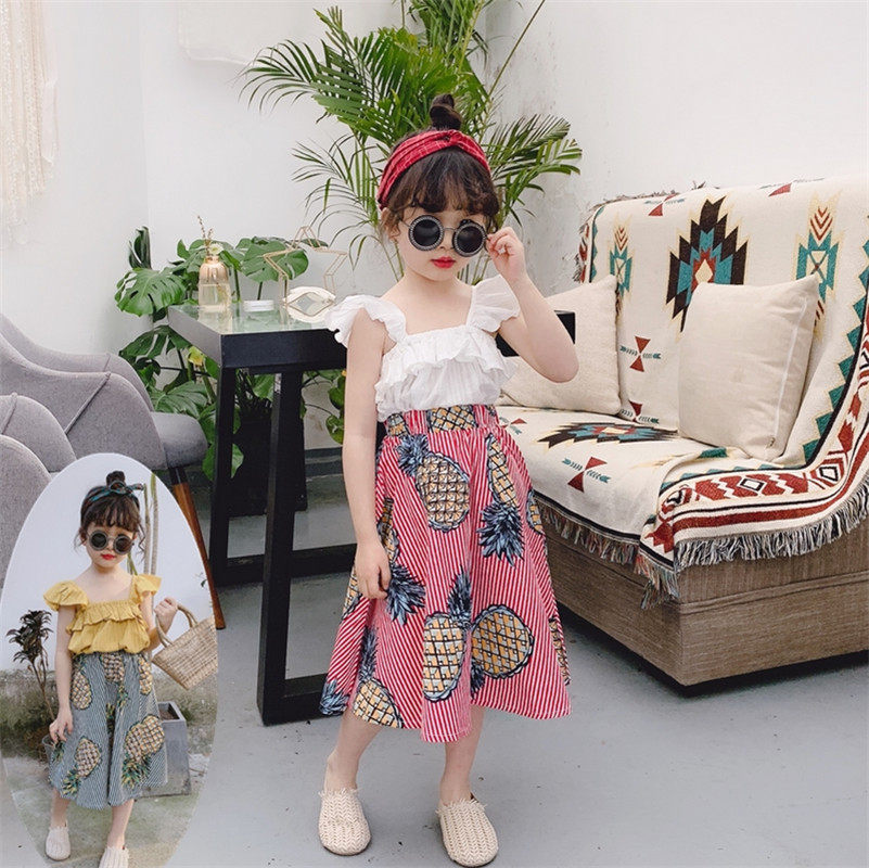 Foreign trade children's clothing suits girls summer clothes flying sleeves suspenders cool tops striped skirts pineapple skirt new