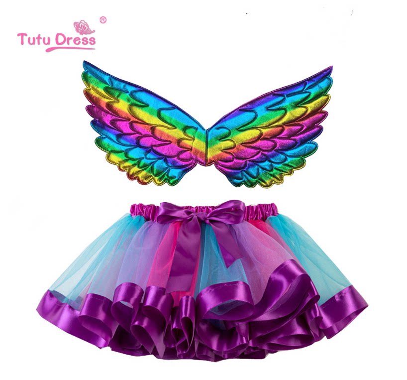 Foreign Trade Child Dress Rainbow Wings Tutu Skirt Girl Mesh Veil half body Santa stage performance A word dress fluffy dress